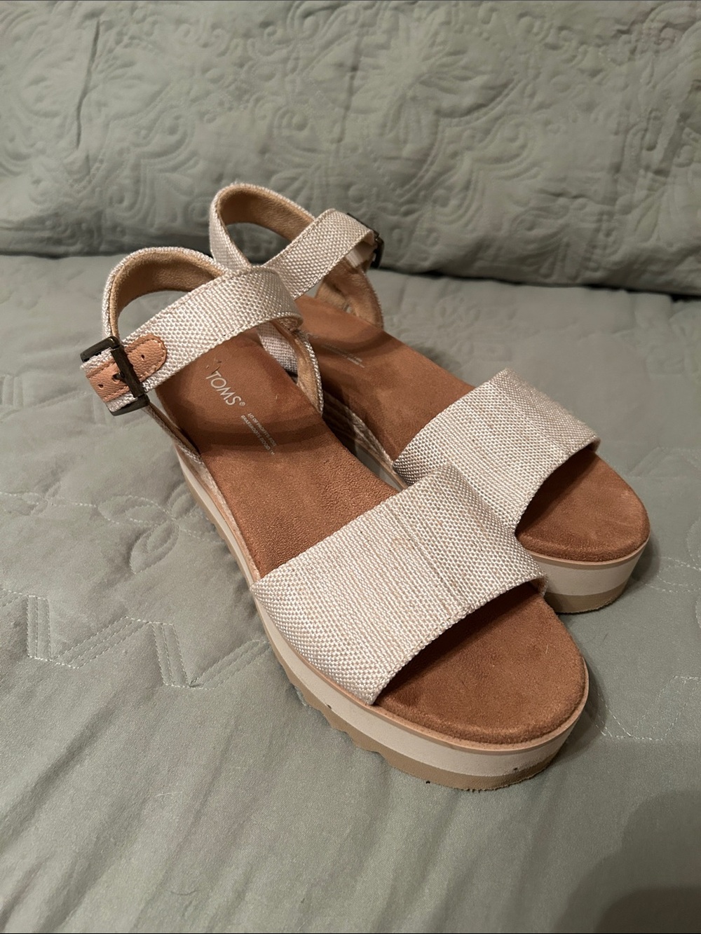 TOMS Beige Woven Platform Sandals with Ankle Strap